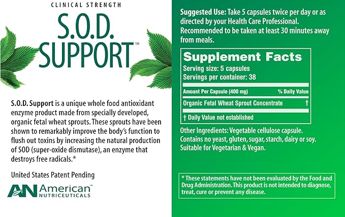 American Nutriceuticals – S.O.D. Support – 190 Capsules – Support Natural Production of Super Oxide Dismutase – Destroys Free Radicals Supports Intracellular Detoxification &amp Easy to Swallow