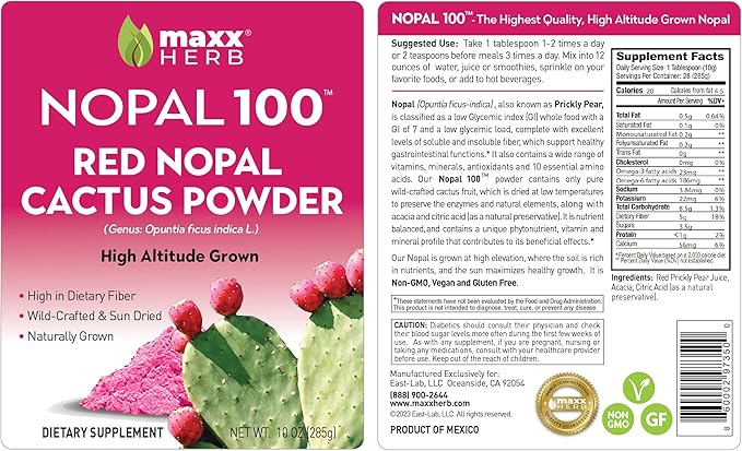 Maxx Herb Red Nopal Cactus Powder Prickly Pear Powder - for Digestion &amp Immune Support High in Dietary Fiber Vegan Non-GMO and Gluten Free - 10 Oz Bag (28 Servings)
