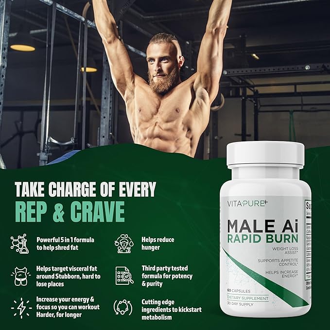 Male Ai Rapid Fat Burner for Men | Supports GLP-1 Pathway Function for Weight Loss | Appetite Suppressant Energy Booster Unisex Diet Pills | 3rd Party Tested Formula - 60 Capsules
