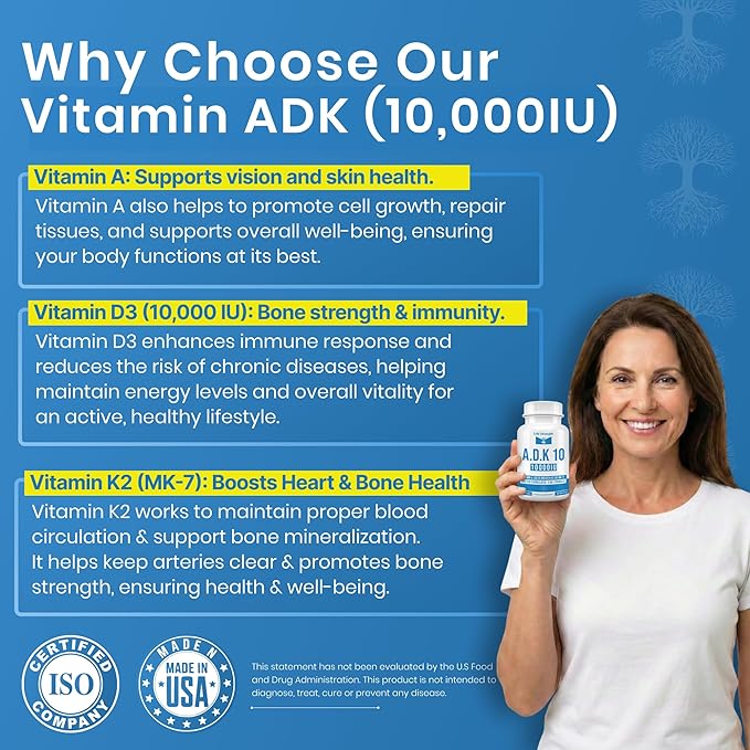ADK 10 Supplement (180 Count) - Physician Formulated Vitamins A1 D3 &amp K2 (as MK7) for Bone Health - Immune System Support - Gluten Free Soy Free Non-GMO - 90 Capsules