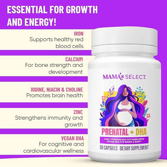 Mama's Select Prenatal Vitamins with Vegan DHA – Fish-Free No Fish Burps Allergen-Free MTHFR Support Methylated Folate &amp B Vitamins Digestive-Friendly No Biotin