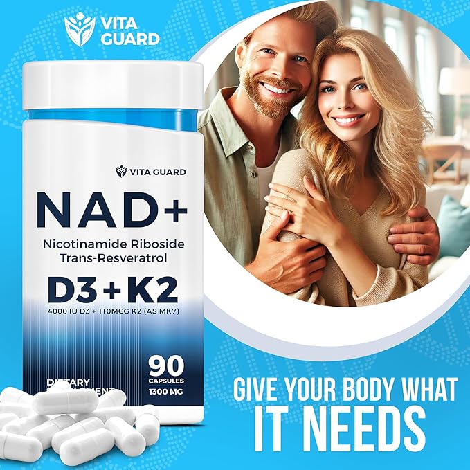 Anti-Aging Energy NAD Supplement – NMN Alternative with Nicotinamide Riboside 1000mg Trans-Resveratrol 300mg Vitamin D3 4000 IU and K2 110 mcg MK7 – Vegetarian 60 Capsules 1300mg