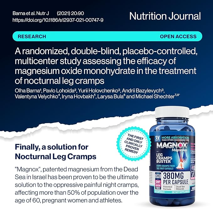 MAGNOX® Buster | Patented Clinically Tested 380mg Magnesium Supplement for Spasms &amp Leg Cramps at Night | One Capsule a Day for Almost Full Dosage | 3X More Absorption | Dead Sea Minerals (60 Caps