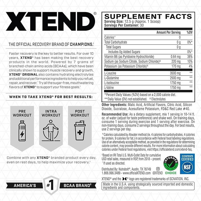 Xtend Original BCAA Powder 7g BCAAs and 2.5g L-Glutamine for Muscle Recovery Hydration and Lean Muscle Sugar Free Intra and Post Workout Drink with Electrolytes Watermelon Explosion 30 Servings