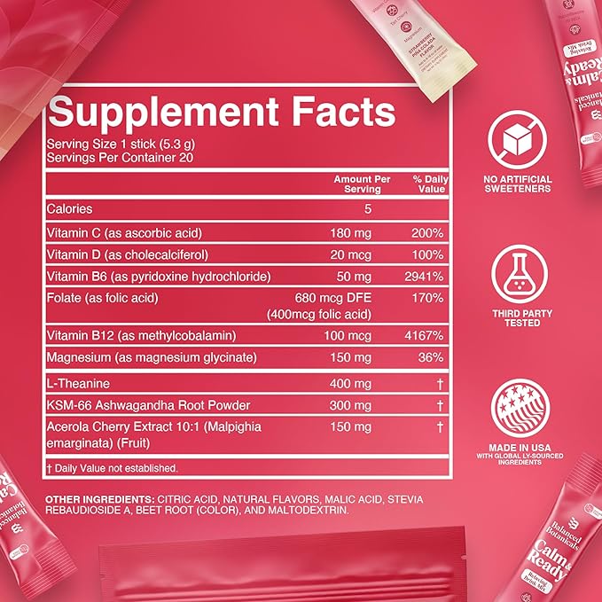 Calm and Ready Powder Drink Mix with Magnesium Glycinate Ashwagandha KSM 66 L Theanine and Tart Cherry Relaxation Support Supplement Strawberry Pina Colada 20 Travel Packets