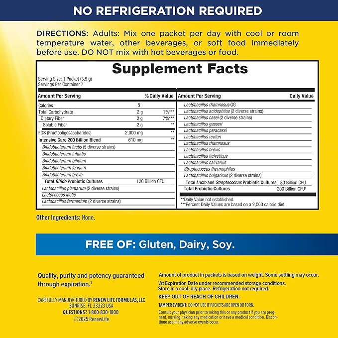 Renew Life Ultimate Flora Probiotic Powder 200 Billion CFU | 7 Packets | Digestive Health | Immune Health | Dairy Free