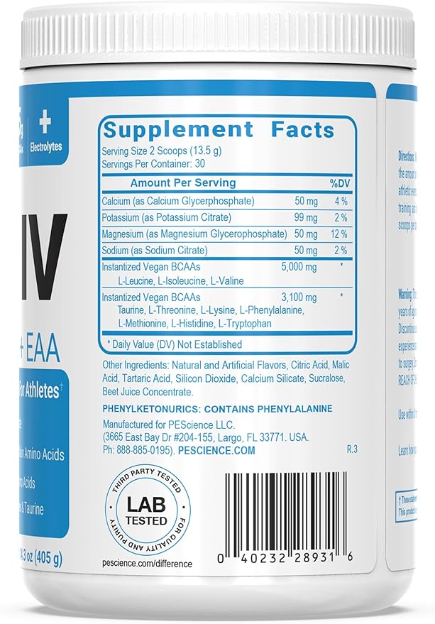 PEScience Amino IV BCAA &amp EAA Powder Essential Amino Acids Taurine Electrolytes for Hydration and Muscle Recovery Sugar Free for Men &amp Women Post Workout - Strawberry Lemonade 30 Serving