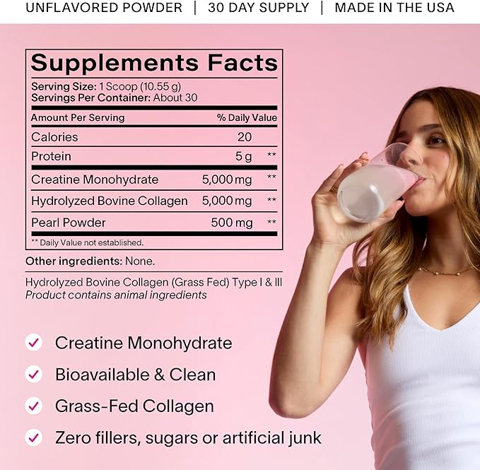 Ladywell Creatine Pearl Complex | 3-in-1 Formula for Women | Creatine Monohydrate Collagen &amp Pearl Powder | Supports Energy Skin Health Mental Clarity Metabolism &amp Lean Muscle | 30 Serving