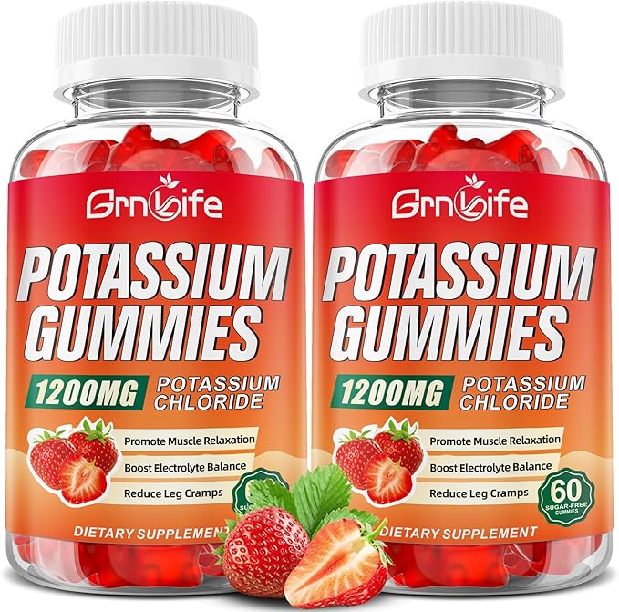 2 Pack Potassium Gummies for Adults Potassium Chloride Gummies 1200mg Support Leg Cramps &amp Electrolyte Balance Strawberry Flavor 120 Count