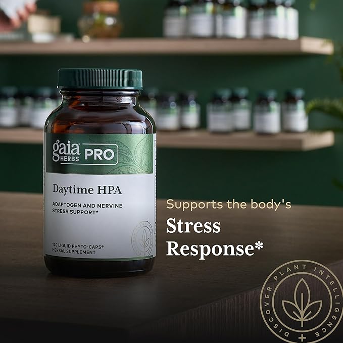 GAIA HERBS PRO Daytime HPA - Adaptogen Support Supplement - Nervous System Support Supplement with Olive Oil &amp Rhodiola* - Vegan Gluten-Free Soy-Free - 60 Liquid Phyto-Caps (30 Servings)