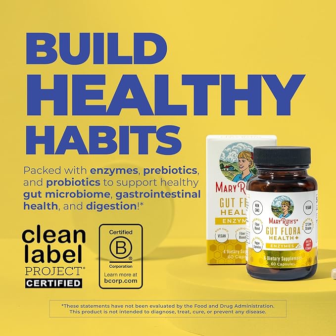 MaryRuth’s Gut Flora Health+ Enzymes | Prebiotic &amp Probiotic Digestive Enzymes for Healthy Gut Biome &amp Digestive Support | Gastrointestinal Health | CLP Certified | 60 Capsules | Up to 2 Month
