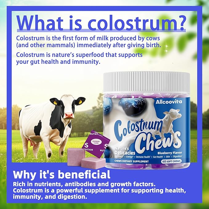 Bovine Colostrum Chews Supplement with probiotics for Gut Health Bloating Immune Support Skin Hair Growth and Beauty - Blueberry Flavor (60 Servings)
