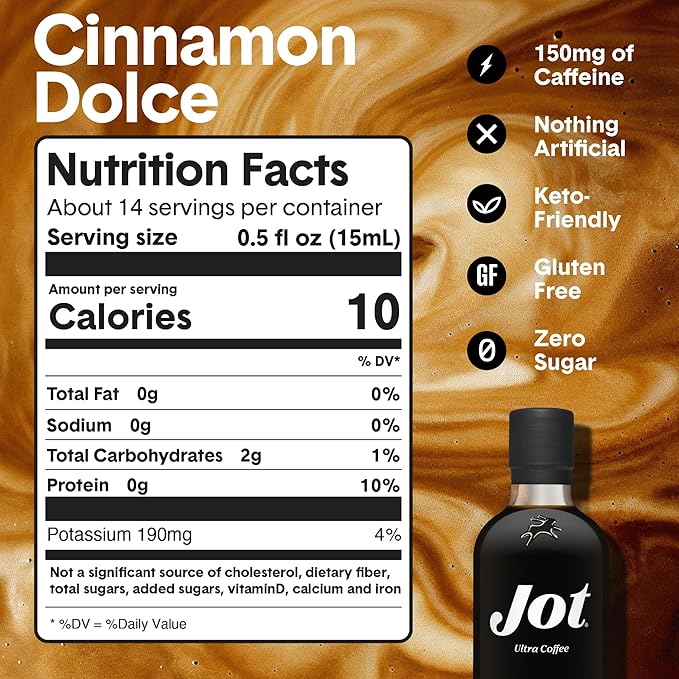 Jot Coffee Concentrate (Cinnamon Dolce) High Caffeine Cold Brew Coffee Concentrate Liquid for Iced Coffees Instant Espresso Hot or Cold Instant Coffees - Makes 14 Cups 150mg Caffeine/Tbsp No Sugar
