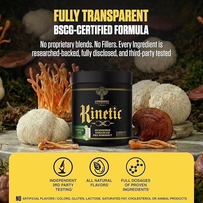 Ambrosia Kinetic - Organic Pre Workout Powder | Mushroom-Enhanced Natural Pre Workout | Nootropic Superfood Powder for Clean Energy Focus Recovery | 24 Servings | Tropical Lime