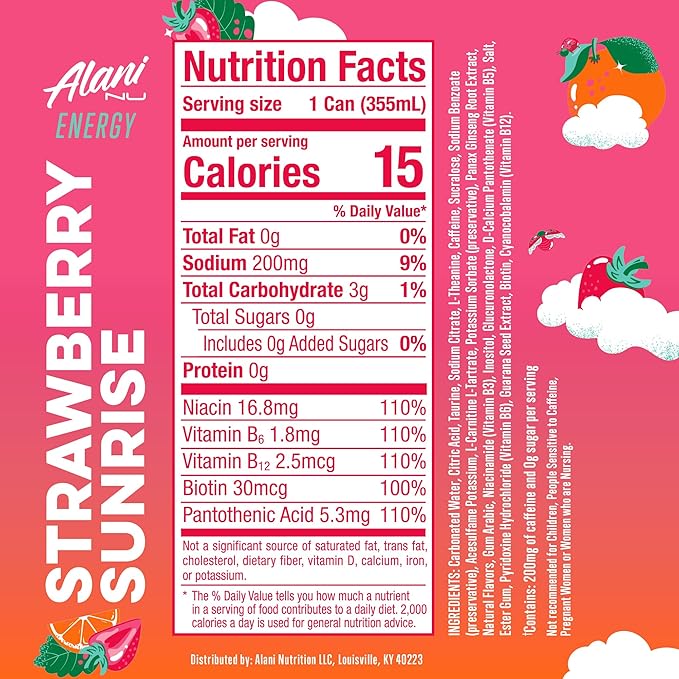 Alani Nu STRAWBERRY SUNRISE Sugar Free Low Calorie Energy Drinks 200mg Caffeine Biotin B Vitamins Zero Sugar 10 Calories 12 Fl Oz Cans 24 Pack