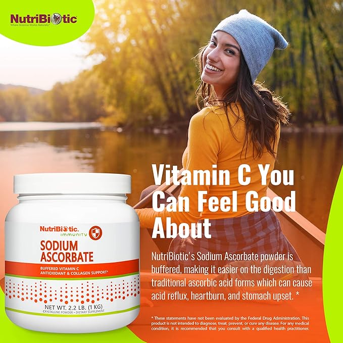 NutriBiotic - Sodium Ascorbate Buffered Vitamin C Powder 2.2 Lb | Vegan Non-Acidic &amp Easier on Digestion Than Ascorbic Acid | Essential Immune Support &amp Antioxidant Supplement | Gluten &amp