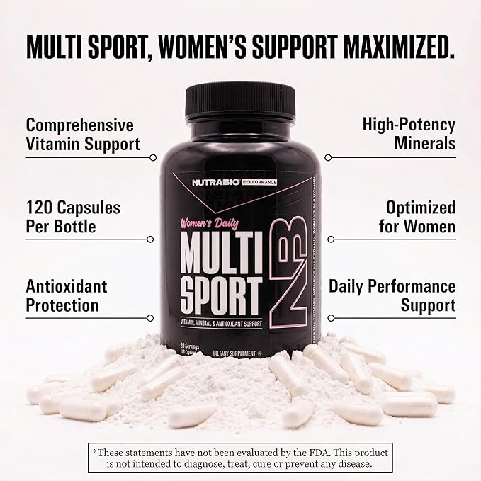NutraBio Multisport for Women - Womens MultiVitamin - 33 Vitamins Minerals Micronutrients - Rich in Antioxidants - Supports Peak Athletic Performance Energy Metabolism (120 Vegetable Capsules)