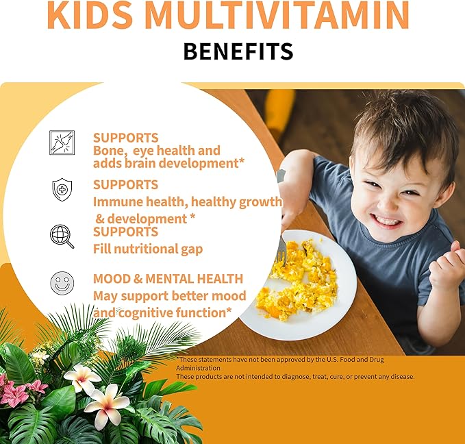 Kids Multivitamin Gummies with Iron &amp Probiotics - Vegan Gelatin-Free Halal Orange &amp Strawberry Flavors 90 Count