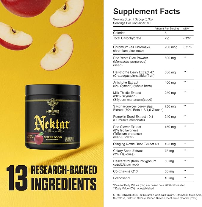 Ambrosia Superfood Organ &amp Cycle Support Powder | Liver &amp Kidney Support with Milk Thistle Red Yeast Rice &amp CoQ10 | 13 Superfood Ingredients | 30 Servings | Apple Symphony