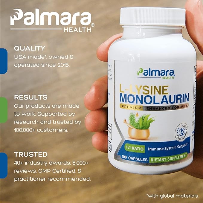 Palmara Health L-Lysine with Monolaurin 600mg 1:1 Ratio 1 Pack 100 Capsules