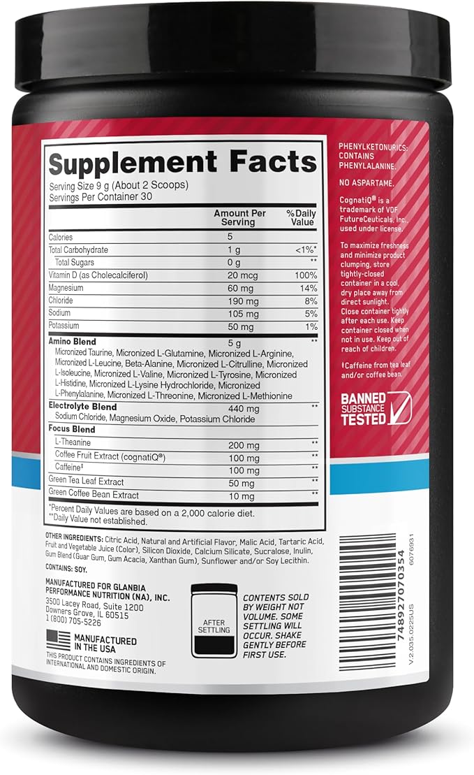 Optimum Nutrition Amino Energy Powder Plus Focus with BCAA Electrolytes and Caffeine Fruit Punch 30 Servings (Packaging May Vary)