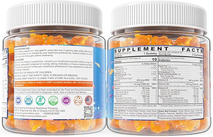 Cod Liver Oil Gummies 1000mg for Kids &amp Adults - w/Omega 3 (EPA &amp DHA) Vitamins A D3 &amp K2 - Cod Liver Oil Omega 3 Gummies for Immune Brain &amp Cognitive Support Sugar-Free Orange Fl