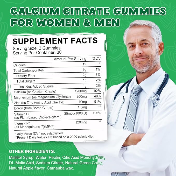 Calcium Citrate 1200 mg with Vitamin D3 Gummies Calcium Citrate Magnesium Zinc with Vitamin D3 Supplement for Women &amp Men Bone &amp Teeth Support Natural Apple Flavor - 30 Day Vegan Supply
