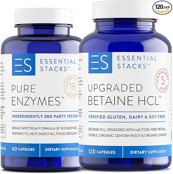 Essential Stacks Beat Bloating Bundle - Digestive Enzymes (60 ct) &amp Betaine HCL with Pepsin (120 ct)