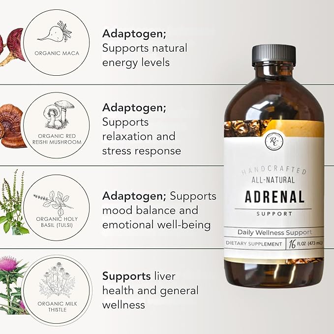 Rowe Casa Organics Adrenal Support Supplements for Daily Balance &amp Vitality – Liquid Drops with Organic Botanical Herbs – Unflavored Formula for Adults &amp Ages 12 &amp Up 16 Fl. Oz.