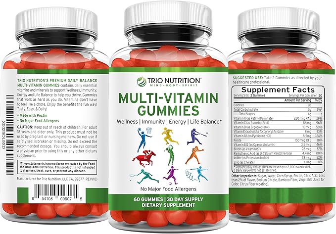 TRIO NUTRITION Daily Multivitamin Gummies for Men &amp Women - Natural Fruit Flavor with Essential Vitamins A B C D E &amp Zinc - No Major Allergens Immune Support &amp Energy Boost Supplement