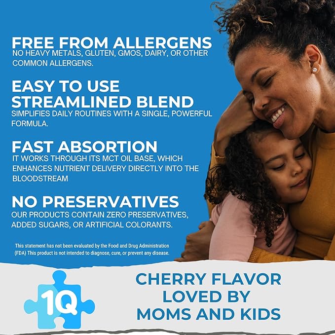 1Q Focus – Liquid Cognitive &amp Brain Support Natural Drops for Kids | Acetyl L-Carnitine + B1 B6 B12 &amp Folate | Sugar-Free Vegan Non-GMO Gluten-Free | Advanced Absorption | 2 fl oz 30 Serv