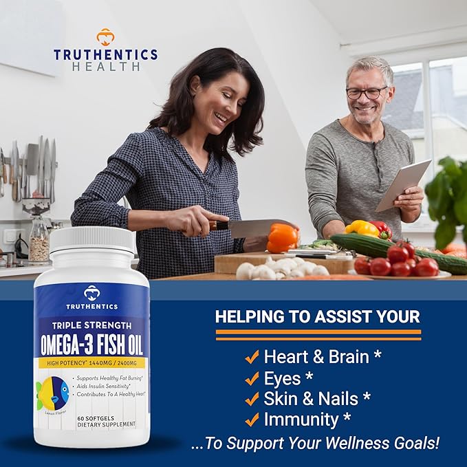 TRUTHENTICS Omega 3 Fish Oil - 2400 mg Triple Strength High EPA + DHA Omega-3 Fatty Acids for Men &amp Women - Burp-Free Lemon Flavor Fish Oil Supplement - 60 Softgels