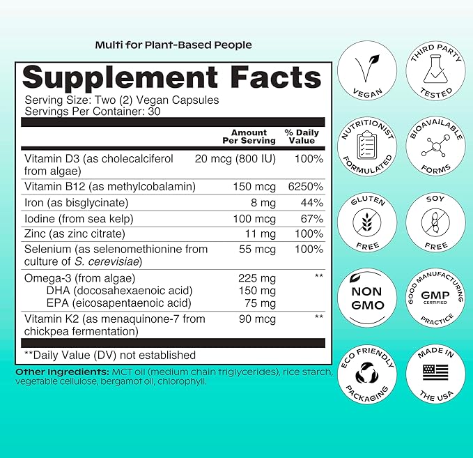 wholier Plant Based Multivitamin Vegan Omega-3 DHA EPA Vitamin D B12 Zinc Vitamin K2 Iron Iodine Selenium. 60 Count (30-Day Supply) Glass Bottle