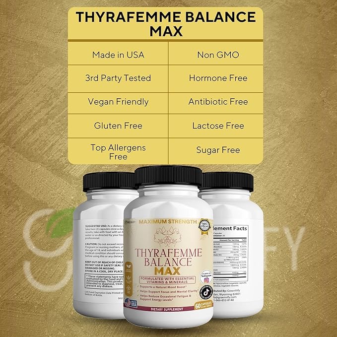 Thyrafemme Balance Max Mood and Energy Support Supplement 60 Capsules 30-Day Supply with B-Complex Vitamins (2)