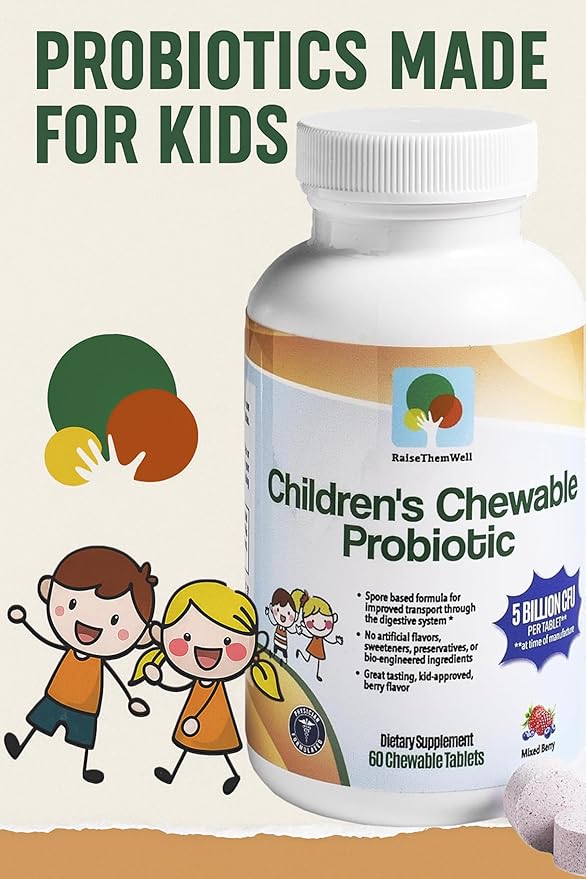 Raise Them Well Children’s Probiotic Chewable Gut Health Tablets for Kids Supports Digestion Immunity &amp Nutrient Absorption No Artificial Additives Mixed Berry 60 Servings