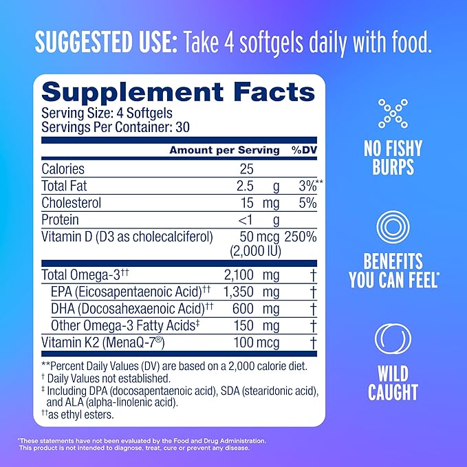 Oceanblue Professional Omega-3 2100 with Vitamin K2 and Vitamin D3-60 Count - Triple Strength Burpless Fish Oil Omega-3 Supplement with EPA DHA &amp DPA - Wild Caught - Orange Flavor 30 Servings