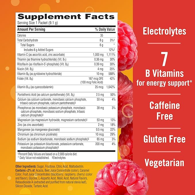 Emergen-C 1000mg Vitamin C Powder with Antioxidants B Vitamins and Electrolytes Vitamin C Supplements for Immune Support Caffeine Free Drink Mix Raspberry Flavor - 60 Count/2 Month Supply