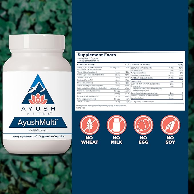 Ayush Herbs Ayush Multi - Multi Vitamin Capsules Multivitamin with Iodine &amp Zinc for Men &amp Women Daily Vitamin &amp Mineral Support for Adults - 90 Vegetarian Capsules (1 Count)