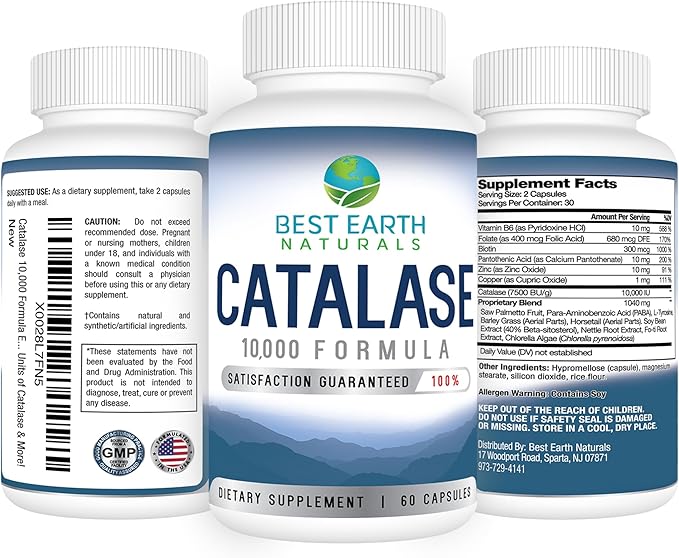 Best Earth Naturals Catalase Supplement 10000 with Saw Palmetto Biotin Fo-Ti PABA - Hair Supplements for Strong Hair - 180 Capsules - Pack of 3 (90-Day Supply)