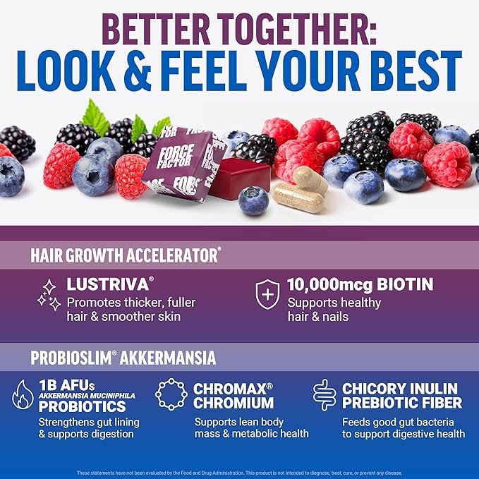 Force Factor ProbioSlim Akkermansia 60 Capsules + Hair Growth Accelerator Soft Chews