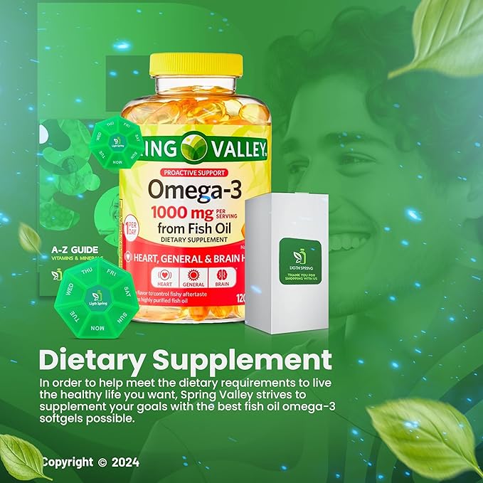 Omega-3 1000mg from Fish Oil with 120 Softgels with Bundle Exclusive Better Ligth&ampSpring Guide + Weekly Pill Organizer (3 Items)