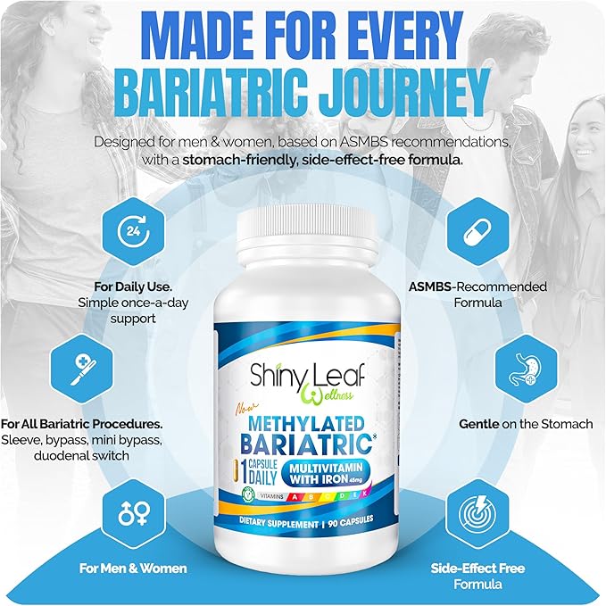 Shiny Leaf Methylated Bariatric Multivitamin with Iron 45mg – Once Daily Capsule ASMBS Compliant Bariatric Vitamins for Gastric Bypass &amp Gastric Sleeve for Men &amp Women USA Made – 4 Pack (36