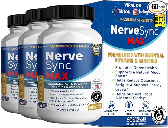 Nerve Sync MAX Supplement 60 Capsules Vegan Friendly with Essential Vitamins &amp Minerals for Nerve Health. (3)