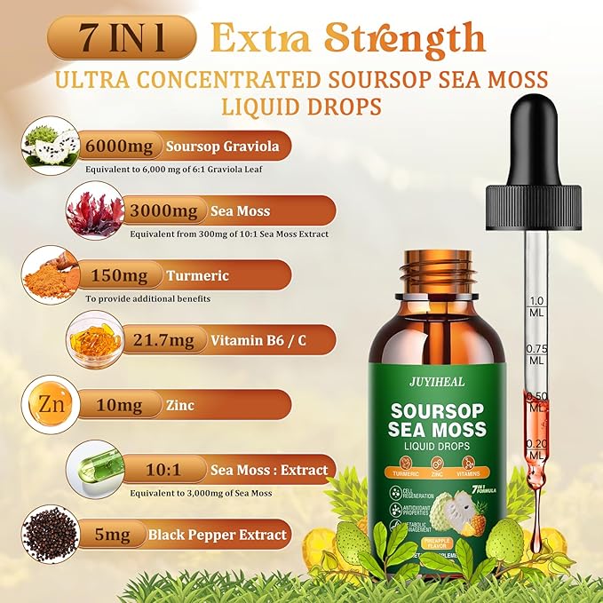 2 Flavors Unflavored &amp Pineapple丨 Soursop Graviola with Sea Moss Liquid Drops 7-in-1 Soursop Bitters Liquid for Digestive Antioxidant Cell Support &amp Regeneration