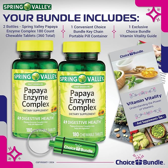 Choice Bundle Spring Valley Papaya Enzyme Complex Chewable Tablets Dietary Supplement 180 Ct 2 pk (360 Total) - Plus Vitamin Guide &amp Pill Container (4 Items)!