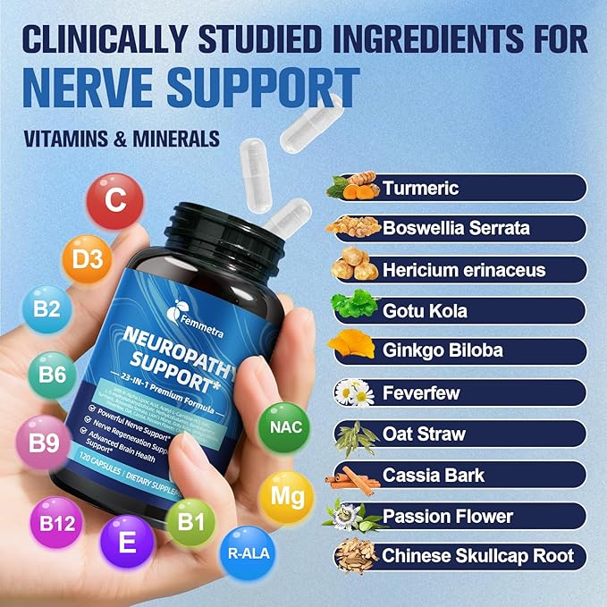 Nerve &amp Peripheral Neuropathy Support Supplement with 1200mg R-Alpha Lipoic Acid L-Carnitine Vitamin B12 B1 B6 D3 E Folate Lions Mane NAC Magnesium Turmeric - Liver Detox Antioxidant &amp Mental