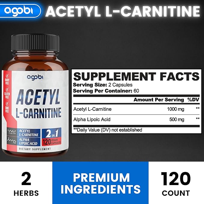 agobi Acetyl L-Carnitine &amp Alpha Lipoic Acid Complex 1500mg - Supplement for Brain Health Memory Focus &amp Mood Support - 120 Vegan Capsules for 2 Month Supply - Gluten-Free Non-GMO