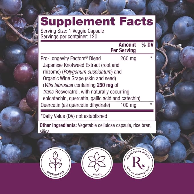 Reserveage Beauty Resveratrol 250 mg - Best Trans-Resveratrol - Vegan Antioxidant Supplement for Cellular &amp Heart Health - Aids Healthy Aging &amp Immune Health - 120 Capsules