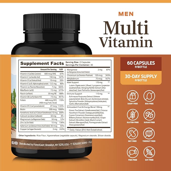 ForestLeaf Daily Vitamin Multivitamin for Men Multi-Vitamin for Men - Mens Multivitamins &amp Multiminerals Supplement | All Essential Vitamins Needed for Health Longevity &amp Energy | 60 Veg Cap