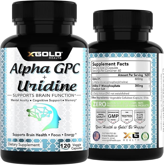 Alpha Gpc + Uridine 900mg – Powerful Nootropic for Boost Focus Memory Energy Mood &amp Cognitive Performance – 120 Vegetarian Capsules